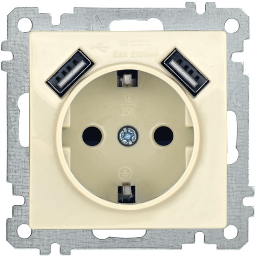 Розетка РЮш10-1-Б с заземляющим контактом с защитной шторкой 16А USBх2 2,1A BOLERO кремовый | код ERB14-K33-16-U2 | IEK